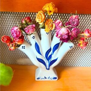 Vintage Five Finger Vase Floral Salt Glaze Stoneware Pottery Folk Art Leaves 6in